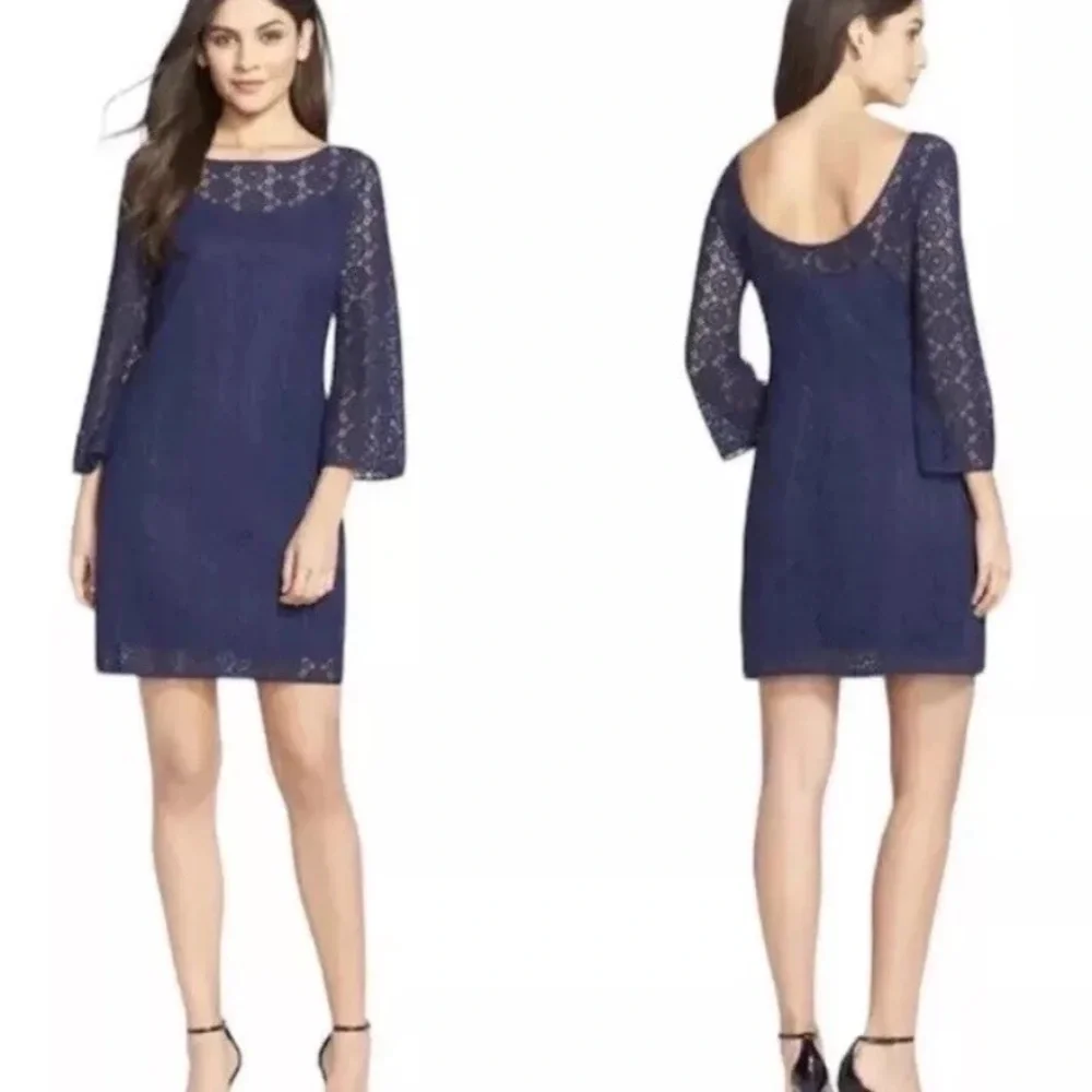 Lilly Pulitzer Topanga True Navy Blue Breakers Lace Dress Medium Bell Sleeves - Picture 2 of 13